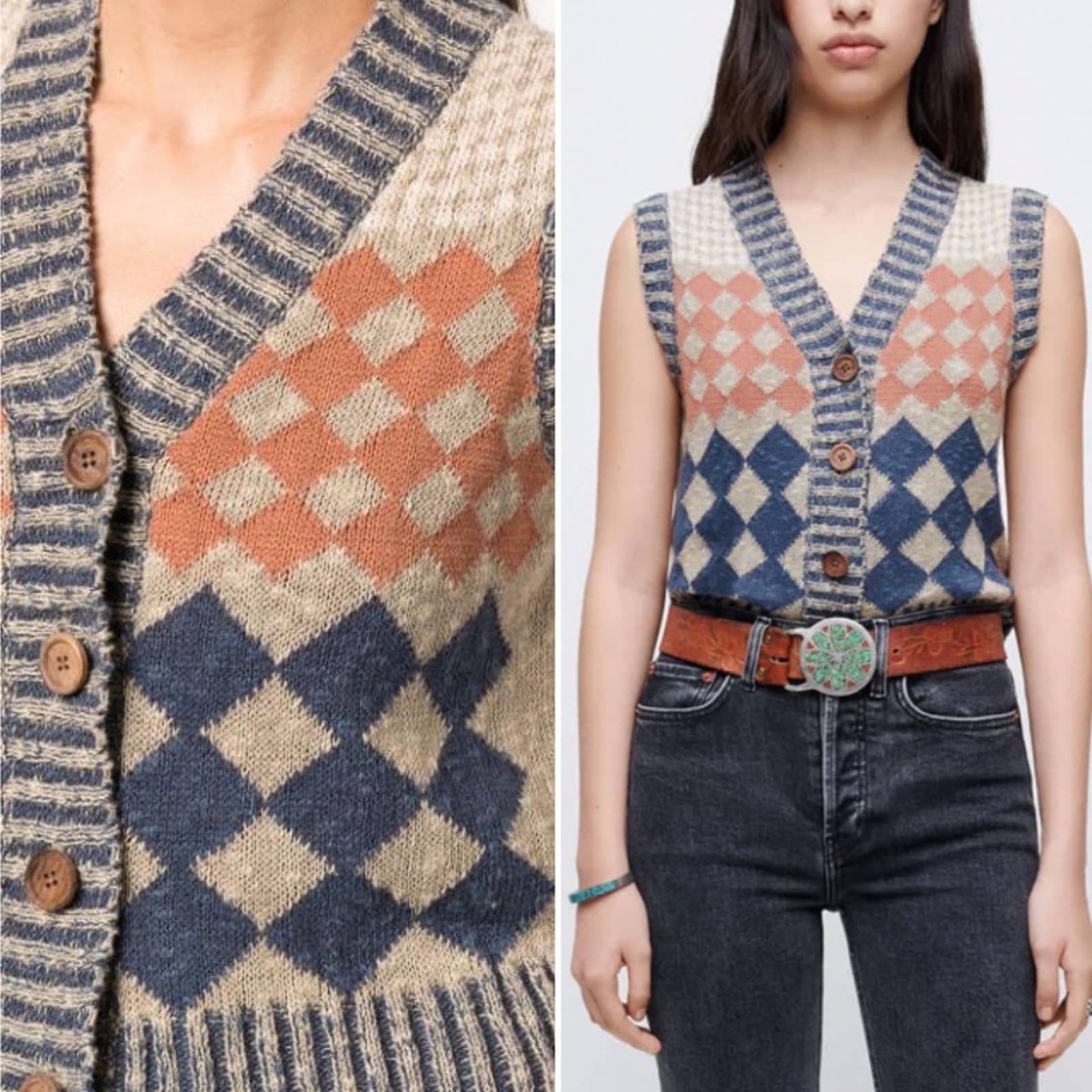 New Re/Done 50s Cardigan Sweater Vest In Blue/Beige Multi, Size M Nwt
